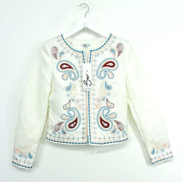 Style Italy White Brocade Colorful Metallic Embroidered Paisley Blazer - Picture 1 of 16